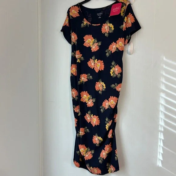 Isabel Maternity Navy Floral Side Ruched Scoop Neck T-Shirt Dress XL New - Picture 2 of 10